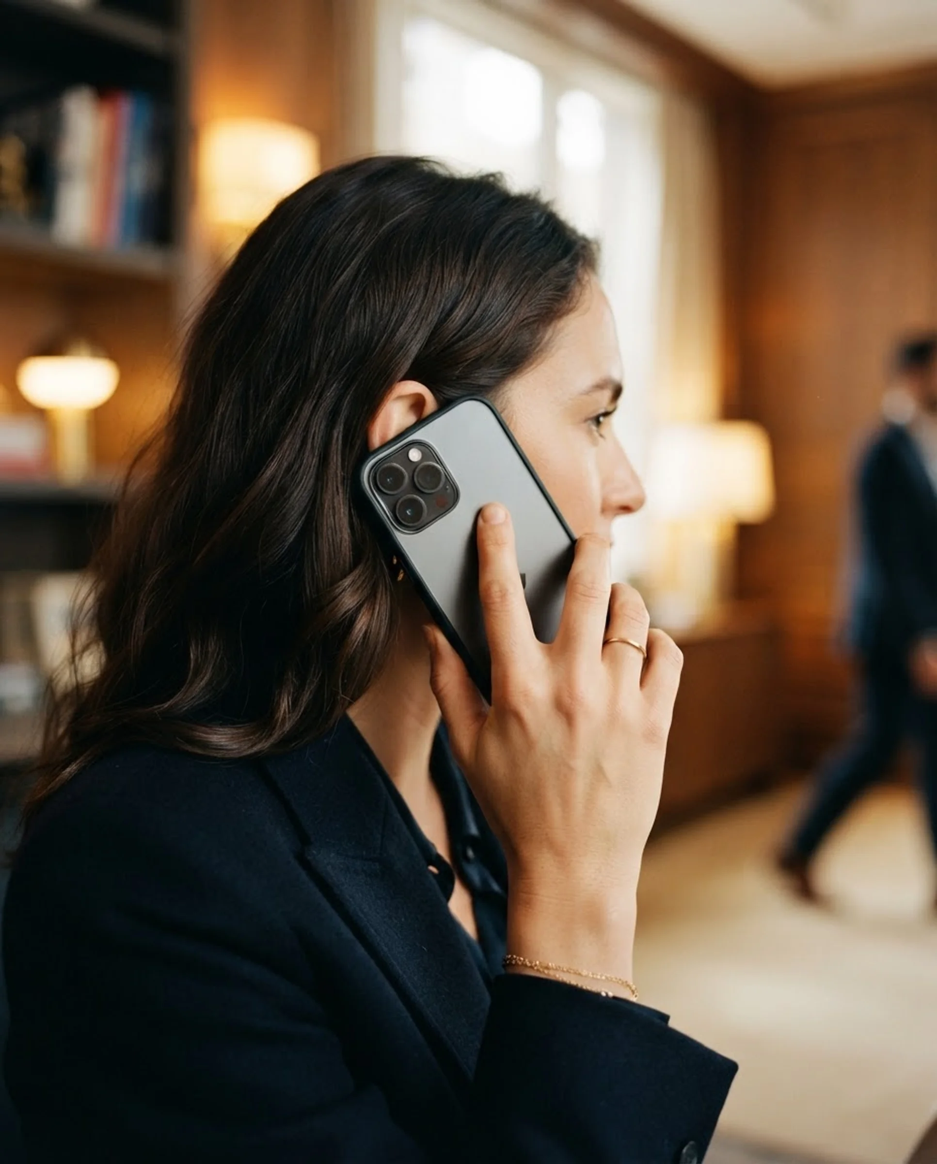 A live phone connection in a softly lit office