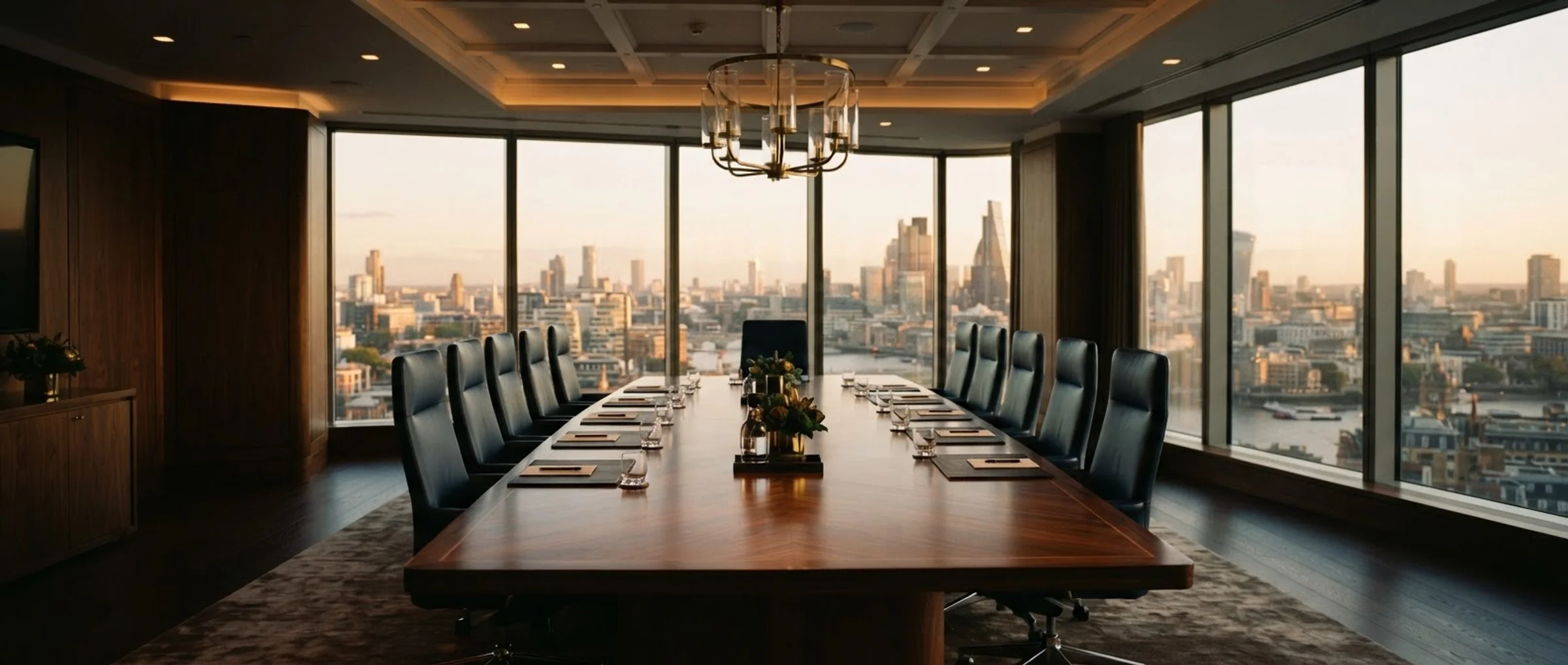 A sophisticated legal boardroom at golden hour, quiet and authoritative