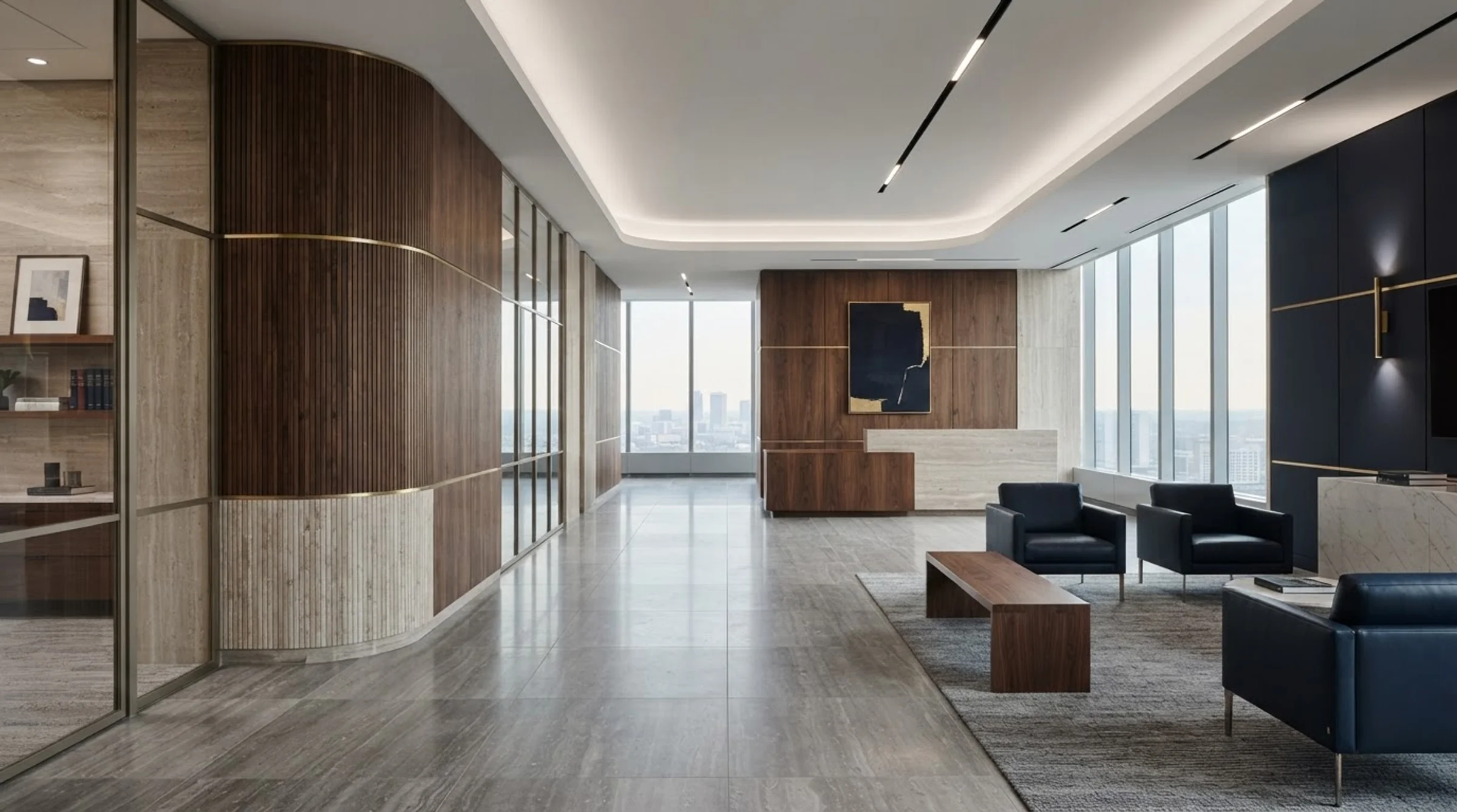 A grand modern law office interior, orderly and serene