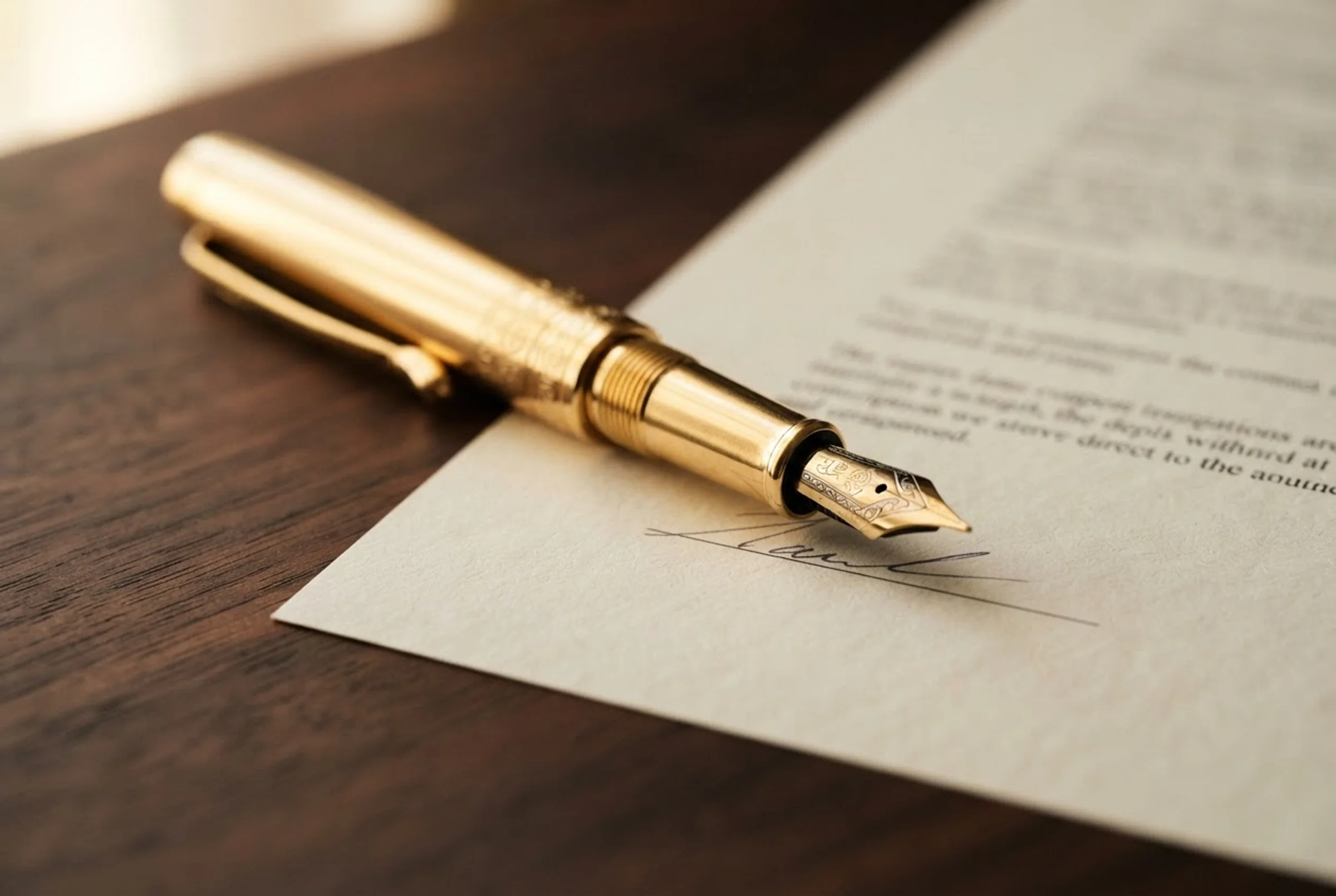A gold fountain pen resting on a signed retainer contract